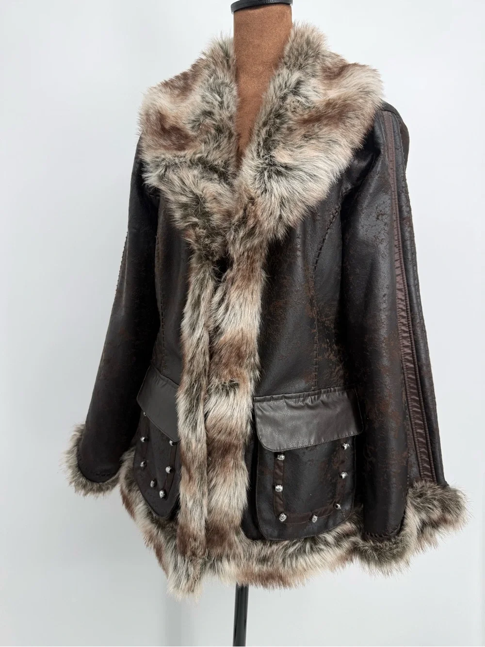 Scully Faux Shearling Fur Trim Western Jacket Brown Studded M